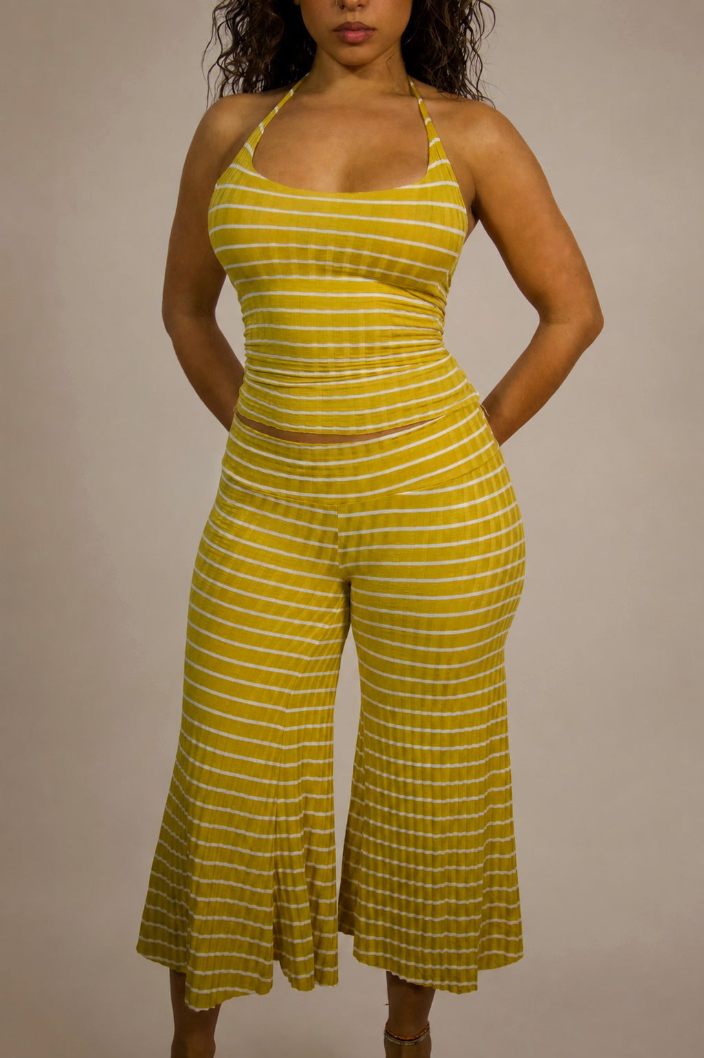 Raw Edge Halter Top: Yellow w/ White Stripes