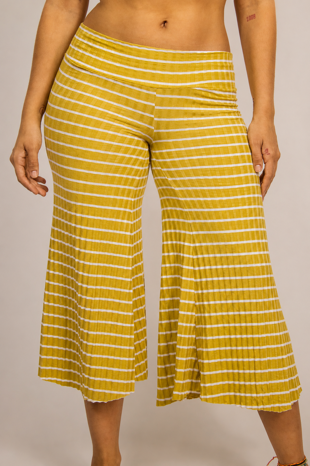Low Rise Gaucho Pants: Yellow w/ White Stripes